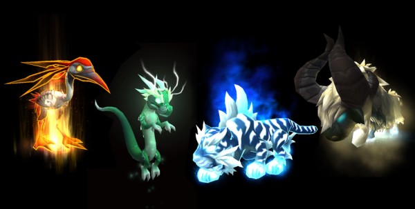 La Grue ROuge, le Serpent de Jade, le Tigre Blanc et le Buffle Noir version mascotte