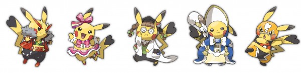 De gauche à droite : Pikachu Rockeur, Pikachu Star, Pikachu Docteur, Pikachu Lady et Pikachu Catcheur
